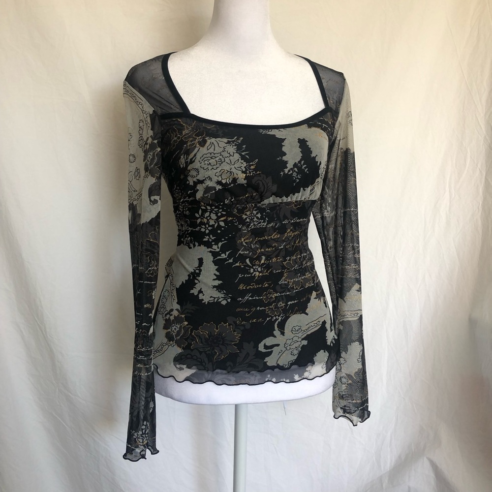 Vintage Donna Sheer Black & Gray Floral Mesh Long Sleeve Top